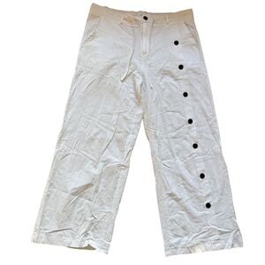 Ouku Mens XL White Cotton Linen Blend Wide Leg Side Button Pants Drawstring New